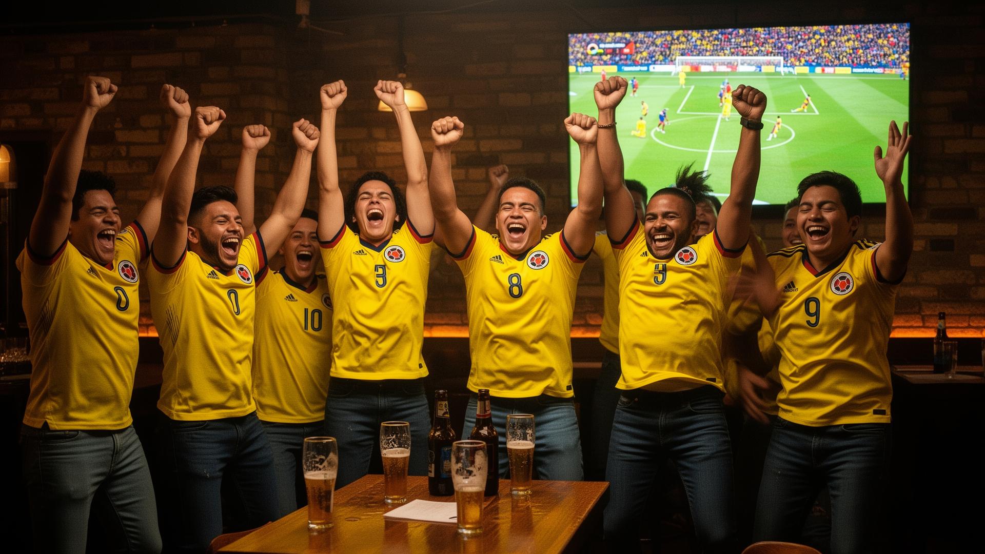 Amigos celebrando un gol de Colombia