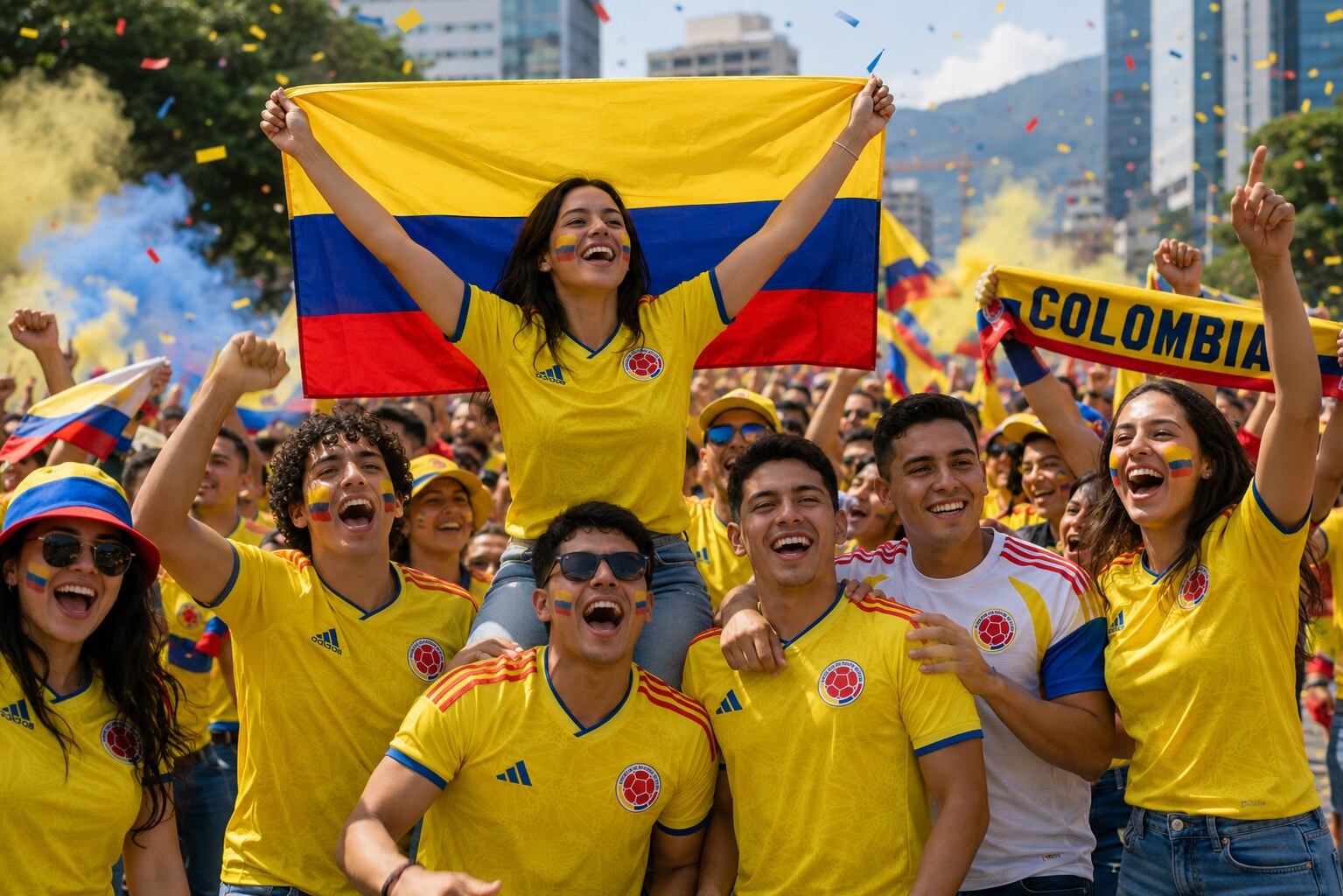 Hinchas colombianos celebrando en el estadio